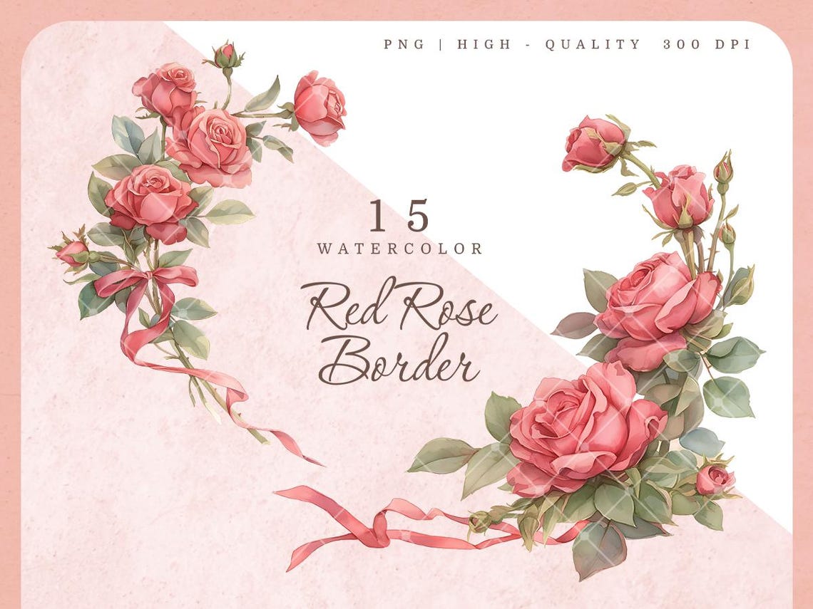 Watercolor Red Rose Border Clipart: Coquette Bow Floral PNG (digital ...