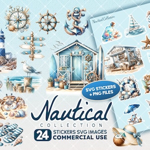 Puede incluir: Un conjunto de 24 pegatinas digitales de temática náutica que incluyen una cabaña de playa, un faro, un cangrejo, conchas marinas, un salvavidas, un ancla, una brújula, chanclas, una sombrilla de playa, un coco, un sombrero y una tabla de surf. Las pegatinas están en formato SVG y PNG y son para uso comercial.