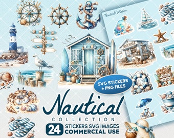 Watercolor Nautical Clipart Bundle: Beach & Ocean PNG, SVG Stickers