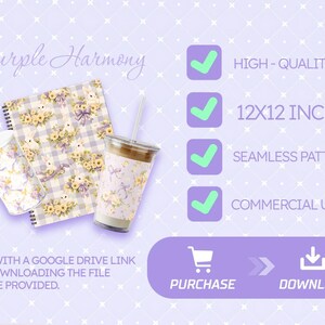 May include: A digital download of a 12x12 inch seamless pattern featuring a purple and yellow floral design with a gingham background. The pattern is high-quality and can be used for commercial purposes.