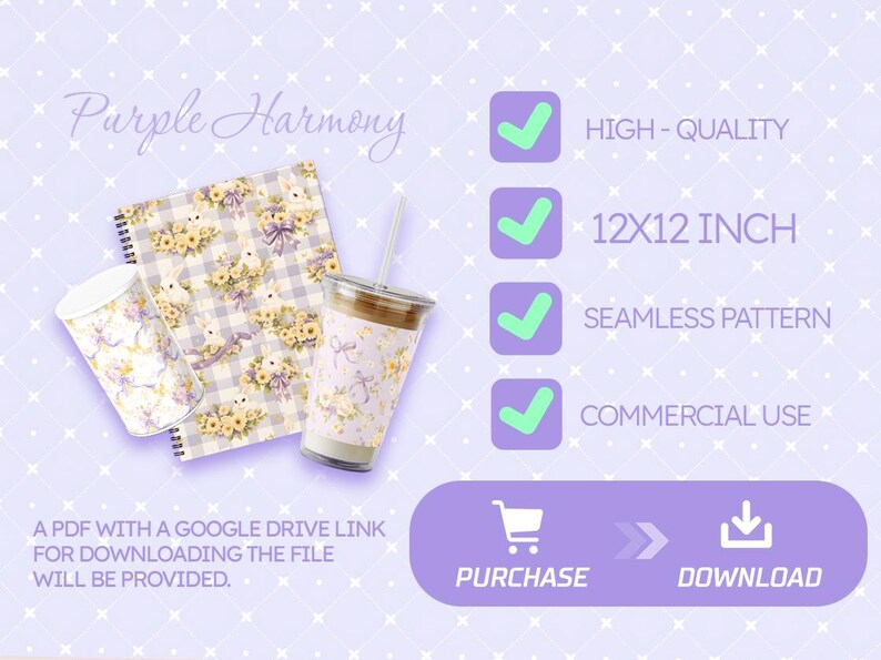 May include: A digital download of a 12x12 inch seamless pattern featuring a purple and yellow floral design with a gingham background. The pattern is high-quality and can be used for commercial purposes.