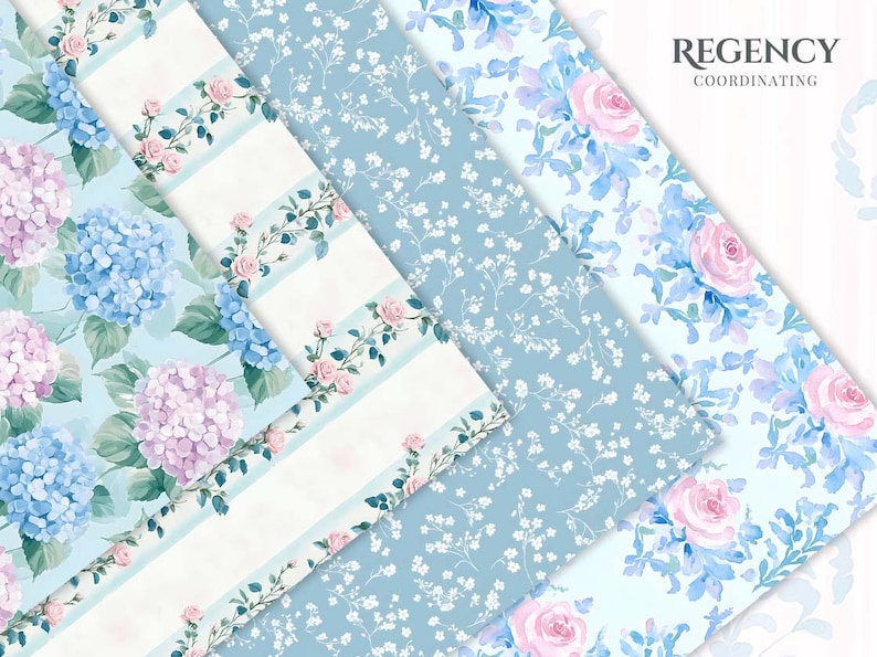 May include: A collection of patterned papers with floral designs. The patterns include blue and pink hydrangeas, pink roses with blue leaves, and white floral sprigs on a light blue background. The text "REGENCY COORDINATING" is in the upper right corner.
