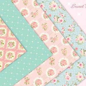May include: Four different patterned papers with a pink and blue color scheme. The patterns feature floral designs with pink roses and green leaves. The papers are arranged in a diagonal pattern with the text "Sweet Peony" in the top right corner.