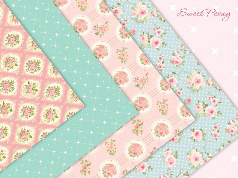 May include: Four different patterned papers with a pink and blue color scheme. The patterns feature floral designs with pink roses and green leaves. The papers are arranged in a diagonal pattern with the text "Sweet Peony" in the top right corner.