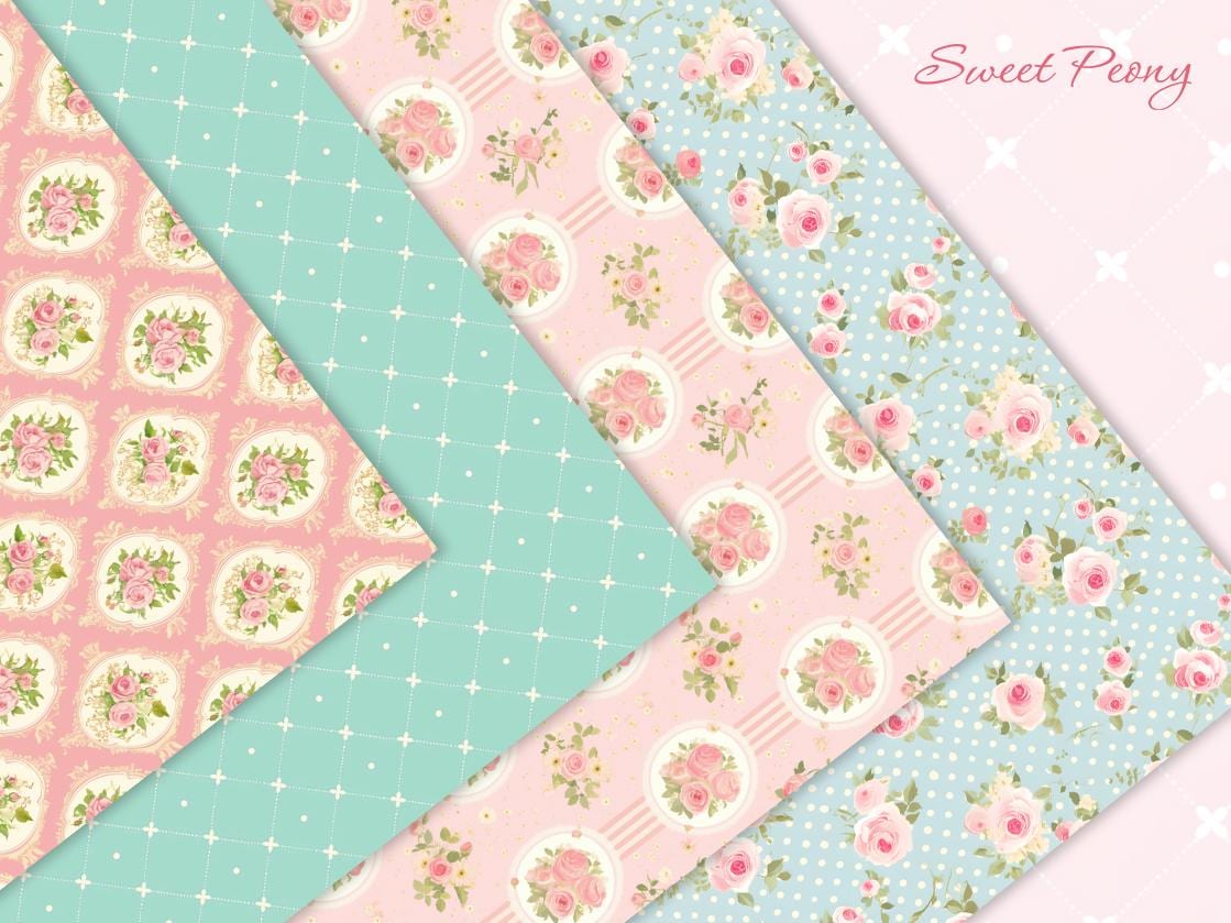 Sweet Peony Digital Paper: Shabby Chic Floral Patterns (12x12 Inch Jpgs ...
