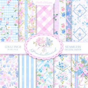 Pacchetto di carta digitale Grandmillennial, motivi floreali senza soluzione di continuità, sfondi vintage rosa e blu pastello, scrapbooking, shabby chic, coquette