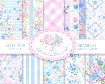 Grandmillennial Floral Digital Paper: Pink, Blue, Vintage Patterns (Digital Download)