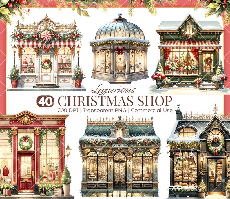 Pode incluir: Um conjunto de 40 ilustra&ccedil;&otilde;es digitais de fachadas de lojas de Natal. As lojas s&atilde;o decoradas com guirlandas, coroas e luzes. As ilustra&ccedil;&otilde;es s&atilde;o de estilo vintage e s&atilde;o perfeitas para criar cart&otilde;es de Natal, convites e outros projetos festivos.