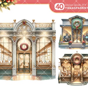 Pode incluir: Tr&ecirc;s ilustra&ccedil;&otilde;es de montras com tema natalino. A primeira montra &eacute; um edif&iacute;cio grande e ornamentado com detalhes dourados e uma grande coroa sobre a entrada. A segunda montra &eacute; um edif&iacute;cio mais pequeno e moderno com um toldo verde e uma coroa sobre a entrada. A terceira montra &eacute; um edif&iacute;cio pequeno e acolhedor com um toldo branco e uma coroa sobre a entrada.