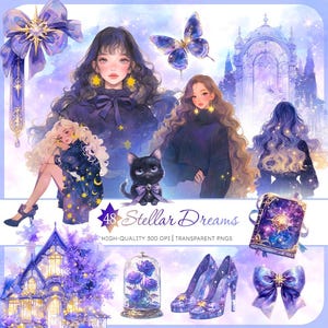 Bundle de cliparts rêves stellaires, filles célestes, étoiles, lunes, téléchargement numérique, travaux manuels, scrapbooking, oeuvre d'art imprimable, éléments cosmiques PNG