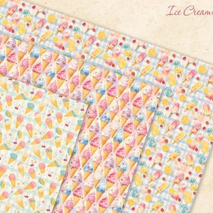 May include: Three digital paper designs featuring ice cream cones, popsicles and cherries on a light blue and white gingham background. The text "Ice Cream Lover" is in the top right corner.