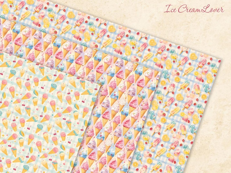 May include: Three digital paper designs featuring ice cream cones, popsicles and cherries on a light blue and white gingham background. The text "Ice Cream Lover" is in the top right corner.