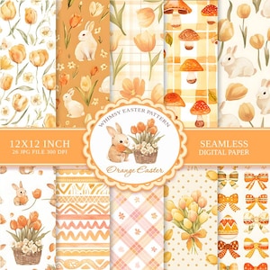 Oranges digitales Osterpapier, Aquarell, buntes Häschen-Muster, Frühlings-Tulpe, Boho Ostern Digitales Papier, Plaid, Journal, Kunsthandwerk
