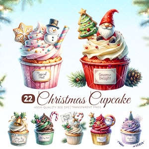 Aquarell Weihnachten Cupcake Clipart Bundle, Urlaub Leckereien, Gnom, Santa, Weihnachtsbaum, Rosa PNG, Junk Journal, Scrapbook, kommerzielle Nutzung