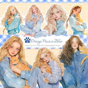 Bundle de cliparts gingembre chat, oeuvre d'art de chat Style denim, Illustrations mignon chat orange, autocollants numériques modernes, PNG Transparent pour travaux manuels