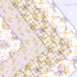 May include: A set of five digital paper designs featuring a floral pattern with purple and yellow flowers, white bunnies, and a checkered background. The papers are labeled "Purple Harmony".