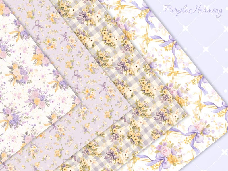 May include: A set of five digital paper designs featuring a floral pattern with purple and yellow flowers, white bunnies, and a checkered background. The papers are labeled "Purple Harmony".