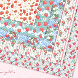 May include: A set of six digital paper designs featuring a watercolor strawberry pattern. The papers feature different backgrounds, including white, blue, and pink, and include a variety of strawberry designs, including whole strawberries, strawberry slices, and strawberry leaves. The papers are perfect for scrapbooking, card making, and other craft projects.