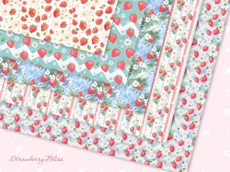 May include: A set of six digital paper designs featuring a watercolor strawberry pattern. The papers feature different backgrounds, including white, blue, and pink, and include a variety of strawberry designs, including whole strawberries, strawberry slices, and strawberry leaves. The papers are perfect for scrapbooking, card making, and other craft projects.