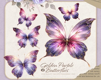 Gold Purple Butterfly Clipart: Elegant PNG Bundle (Commercial Use)