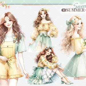 Puede incluir: Cuatro ilustraciones de mujeres con atuendos veraniegos. La primera mujer lleva un vestido de peto amarillo y blanco con un ramo de flores. La segunda mujer lleva un vestido verde y blanco con estampado floral. La tercera mujer lleva un vestido amarillo y verde con estampado floral. La cuarta mujer lleva un vestido amarillo y blanco con estampado floral. El texto "Sweet Summer Girl" est&aacute; escrito en marr&oacute;n en la parte superior de la imagen.