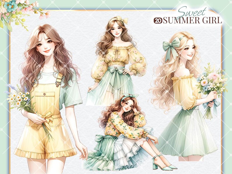 Puede incluir: Cuatro ilustraciones de mujeres con atuendos veraniegos. La primera mujer lleva un vestido de peto amarillo y blanco con un ramo de flores. La segunda mujer lleva un vestido verde y blanco con estampado floral. La tercera mujer lleva un vestido amarillo y verde con estampado floral. La cuarta mujer lleva un vestido amarillo y blanco con estampado floral. El texto "Sweet Summer Girl" est&aacute; escrito en marr&oacute;n en la parte superior de la imagen.