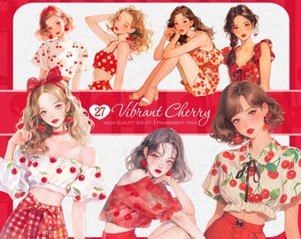 Paquete de imágenes prediseñadas de Cherry Girl: ilustraciones de moda y PNG para scrapbooking (descarga digital)