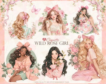 Paquete de imágenes prediseñadas de chica coqueta: Rosa silvestre estilo cottagecore PNG (descarga digital)