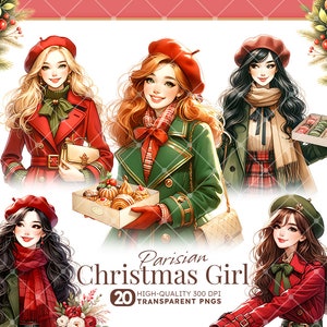 Pariser Weihnachtsmädchen Aquarell Clipart Bundle, Kartenherstellung, Modell-Illustration, schicke und festliche Mädchen, transparente PNG, digitaler Download