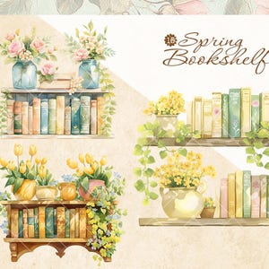 Watercolor Spring Bookshelf Clipart: Floral Vases, Greenery (instant ...