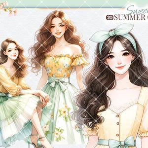 Puede incluir: Dos mujeres con cabello largo y casta&ntilde;o que llevan vestidos de verano. Una mujer lleva un vestido floral amarillo y verde con una cinta verde alrededor de la cintura. La otra mujer lleva un vestido amarillo con una cinta verde alrededor de la cintura y una diadema azul. El texto "Sweet Summer Girl" est&aacute; escrito en la esquina superior derecha de la imagen.
