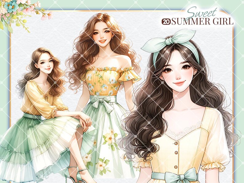 Puede incluir: Dos mujeres con cabello largo y casta&ntilde;o que llevan vestidos de verano. Una mujer lleva un vestido floral amarillo y verde con una cinta verde alrededor de la cintura. La otra mujer lleva un vestido amarillo con una cinta verde alrededor de la cintura y una diadema azul. El texto "Sweet Summer Girl" est&aacute; escrito en la esquina superior derecha de la imagen.