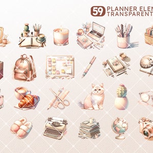 Puede incluir: Un conjunto de 59 elementos de planificaci&oacute;n, que incluyen un gato, un cactus, un globo terr&aacute;queo, una m&aacute;quina de escribir, una c&aacute;mara, un cuaderno, una mochila, una taza de caf&eacute;, un par de zapatillas, una pila de libros, un l&aacute;piz, un par de gafas, un frasco de perfume, un croissant, una planta en maceta, una vela, un portaplumas, una cesta de libros, una pila de papeles y un juego de tijeras.