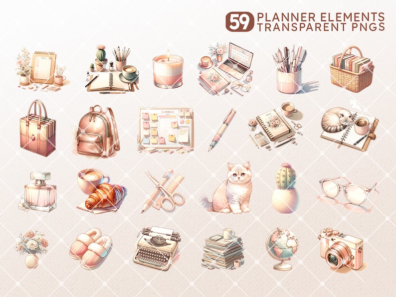 Puede incluir: Un conjunto de 59 elementos de planificaci&oacute;n, que incluyen un gato, un cactus, un globo terr&aacute;queo, una m&aacute;quina de escribir, una c&aacute;mara, un cuaderno, una mochila, una taza de caf&eacute;, un par de zapatillas, una pila de libros, un l&aacute;piz, un par de gafas, un frasco de perfume, un croissant, una planta en maceta, una vela, un portaplumas, una cesta de libros, una pila de papeles y un juego de tijeras.