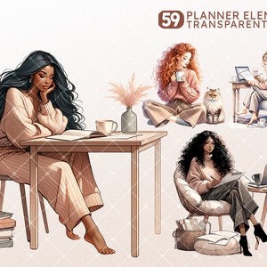 Puede incluir: Cuatro ilustraciones de mujeres en diferentes entornos, cada una con una actividad diferente. Una mujer est&aacute; leyendo un libro en una mesa, otra est&aacute; trabajando en una computadora port&aacute;til en una silla, otra est&aacute; tomando caf&eacute; mientras est&aacute; sentada en el suelo y la &uacute;ltima est&aacute; trabajando en una computadora port&aacute;til en una silla. Las ilustraciones son de estilo de dibujos animados y tienen una paleta de colores suave y pastel.