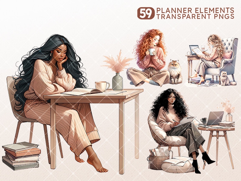 Puede incluir: Cuatro ilustraciones de mujeres en diferentes entornos, cada una con una actividad diferente. Una mujer est&aacute; leyendo un libro en una mesa, otra est&aacute; trabajando en una computadora port&aacute;til en una silla, otra est&aacute; tomando caf&eacute; mientras est&aacute; sentada en el suelo y la &uacute;ltima est&aacute; trabajando en una computadora port&aacute;til en una silla. Las ilustraciones son de estilo de dibujos animados y tienen una paleta de colores suave y pastel.