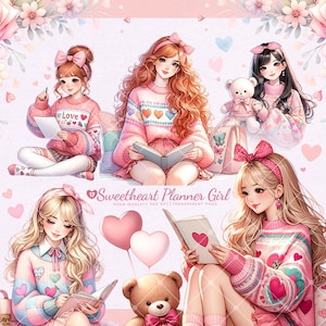 Valentinstag Planer Clipart Bundle, romantisch, gemütlich Liebespaar, rosa Pastell, Kawaii, romantisch, Journaling PNG, Aufkleber, kommerzielle Nutzung