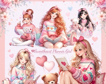 Valentine Planner Girl Clipart: Kawaii Love Couple, Pink Pastel (PNG, Commercial Use)
