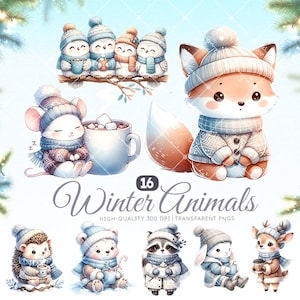 Bundle de cliparts animaux mignons d'hiver, clipart animaux de la forêt hiver animal de Noël festif PNG, pull animal douillet PNG, usage Commercial
