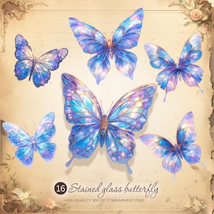 Glasmalerei Schmetterling Clipart | Blauer Fantasie Schmetterling PNG | Transparente Digitale Schmetterling Aufkleber | Hochwertige Schmetterlingsgrafiken