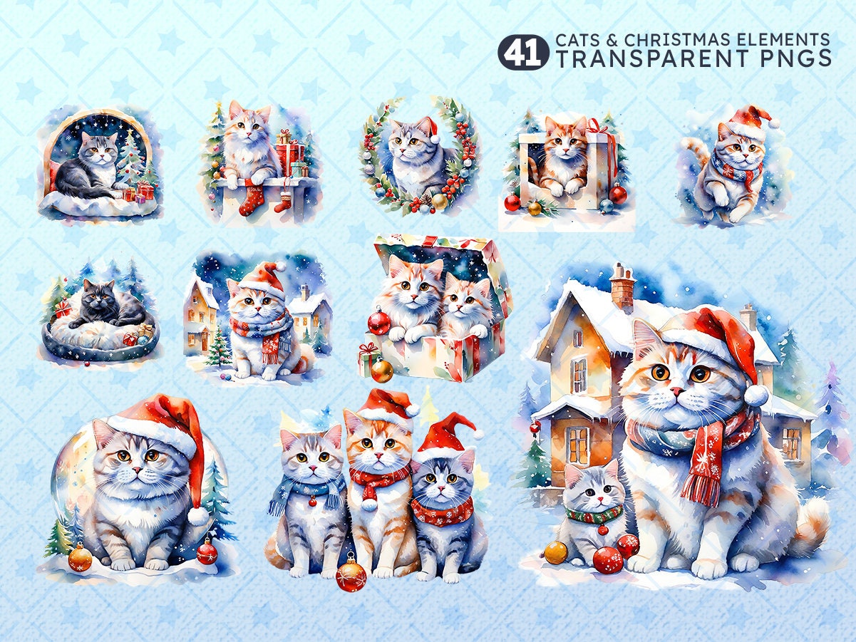 Watercolor Christmas Cat Clipart Bundle: 41 Festive PNG Files - Etsy