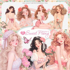 Süße Pfingstrose Clipart Bundle, Pastell Vintage Mädchen, Florale Elemente, digitale Kunst für Scrapbooking, DIY Handwerk, Hochzeitsprojekte