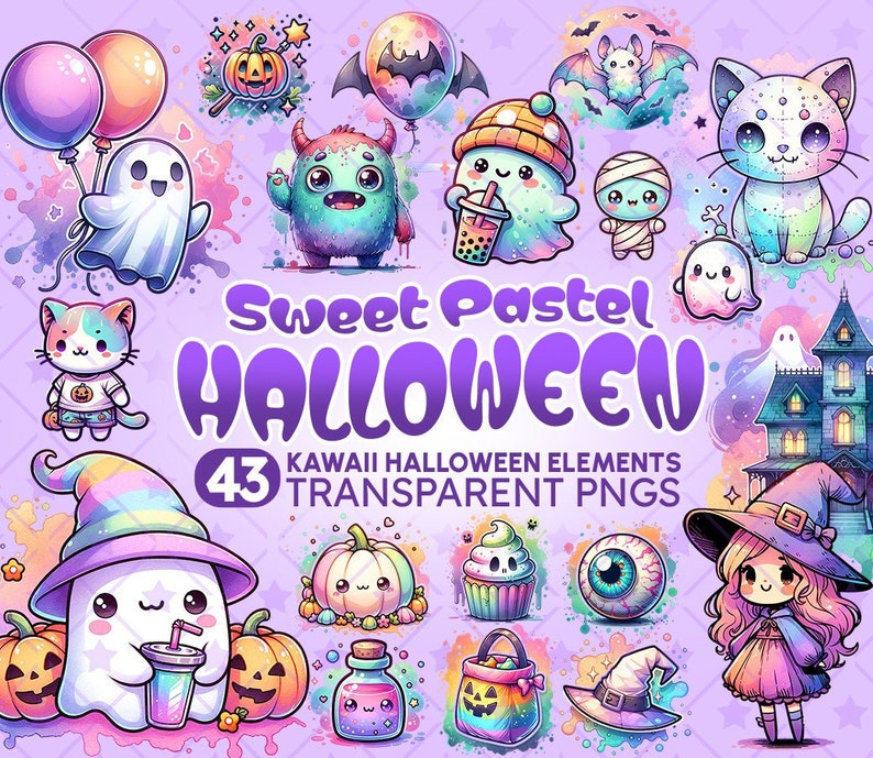 Watercolor Kawaii Halloween Clipart Bundle, Pastel PNG Graphics (Digital Download) image 1