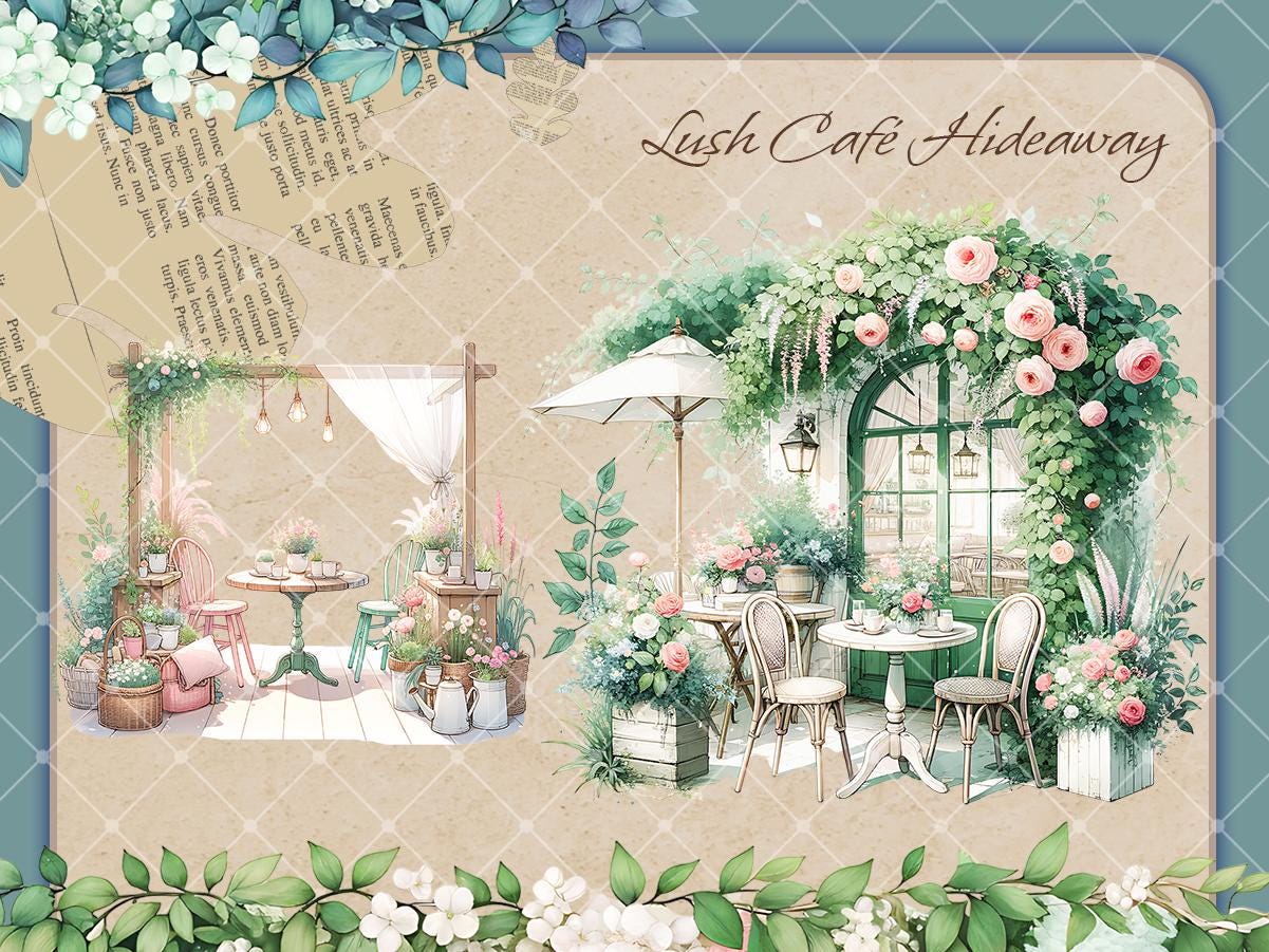 Cottagecore Cafe Clipart Bundle: Watercolor Florals, Rustic Decor (PNG ...