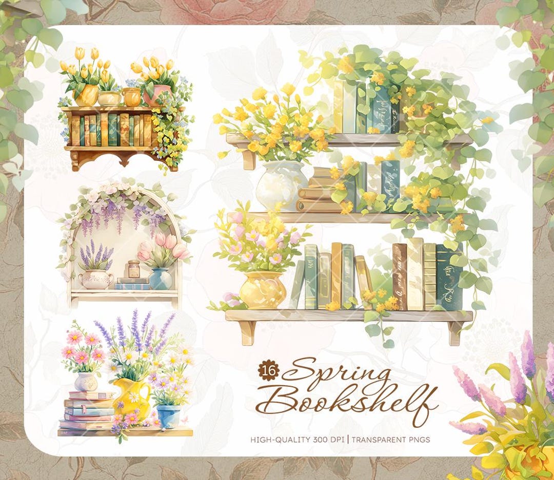 Spring Bookshelf Watercolor Clipart Bundle, Pastel Floral Shelves With ...
