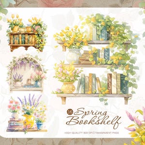 Spring Bookshelf Watercolor Clipart Bundle, Pastel Floral Shelves with Greenery & Vases, DIY, Journals, Stickers, Crafts, Instant Download