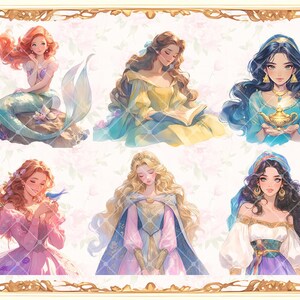 May include: A digital collage featuring illustrations of six princesses from different Disney movies. The princesses are depicted in various poses and wearing their signature outfits. The background is a soft pink with floral patterns.
