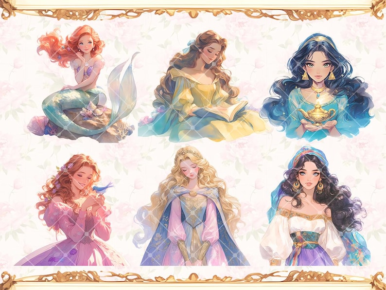 May include: A digital collage featuring illustrations of six princesses from different Disney movies. The princesses are depicted in various poses and wearing their signature outfits. The background is a soft pink with floral patterns.