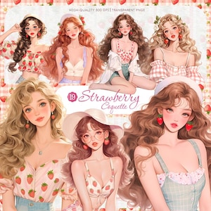 Erdbeere Coquette Girl Clipart Sommer Bundle, süße moderne Lady PNG, feminine Mode-Illustration, Kawaii Obst, kommerzielle Nutzung
