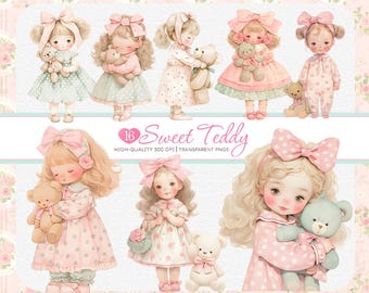 Paquete de imágenes prediseñadas de ositos de peluche: Niñas pequeñas vintage en tonos pastel (PNG, descarga digital)